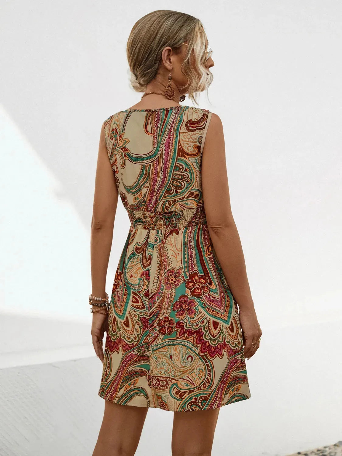 Smocked Printed V-Neck Mini Dress Casual Dresses - Tophatter Daily Deals